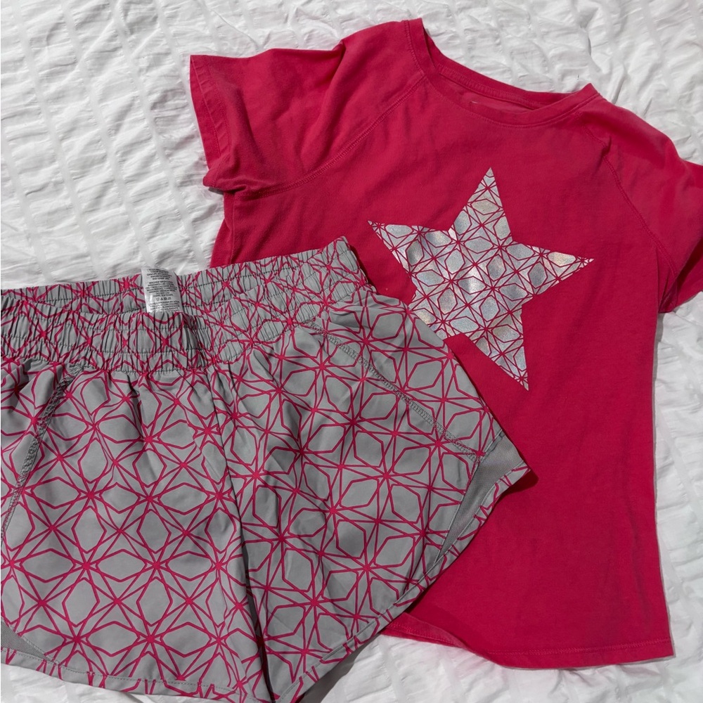 Athletic Works Girls Shirt Shorts Set Gray  Coral Size XL, XXL Star
